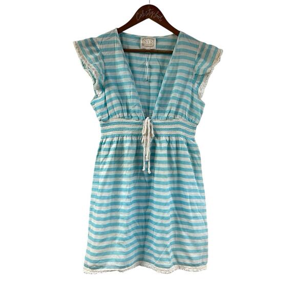 STS Sail To Sable Blue Striped Dress Medium Nautical Tie Waist 100% Cotton - Picture 1 of 7